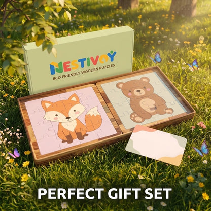 NESTIVOY Fox & Bear Wooden Puzzle Set | Educational Toddler Toy with Gift Box — Safe & Durable Wood